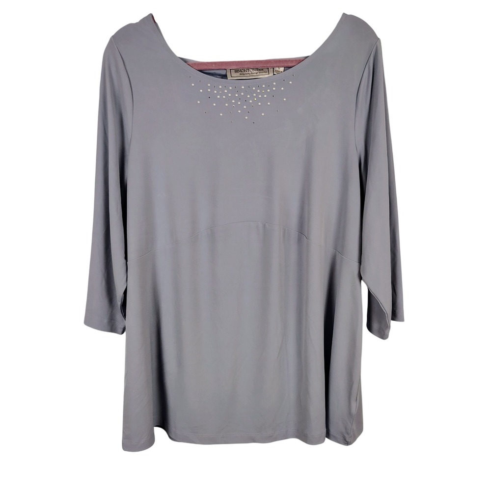 Womens 1X Simonton Says Draped Back Blouse Gray Rhinestone Dressy Chic T329
